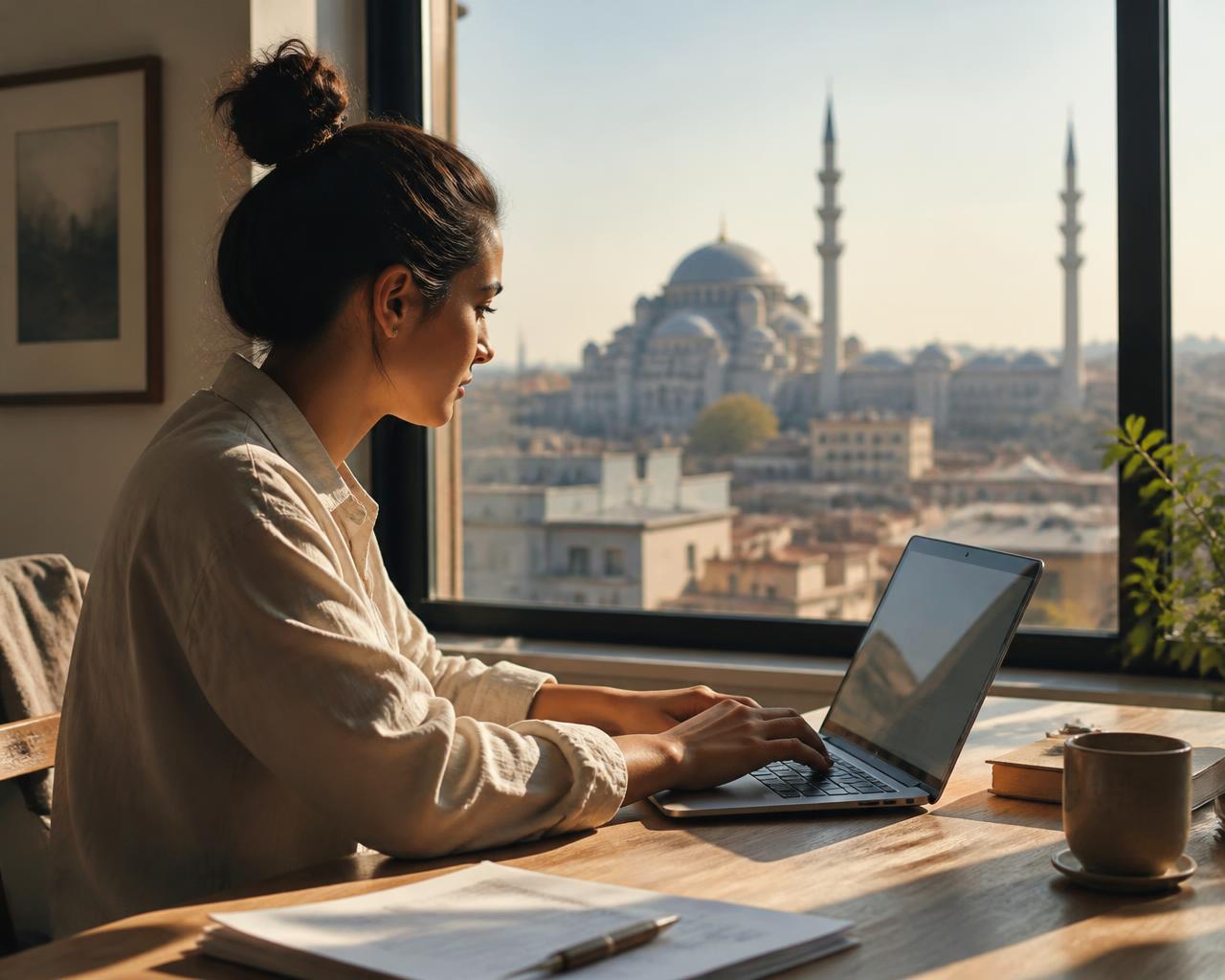 Person working on a laptop by a window overlooking a foreign city